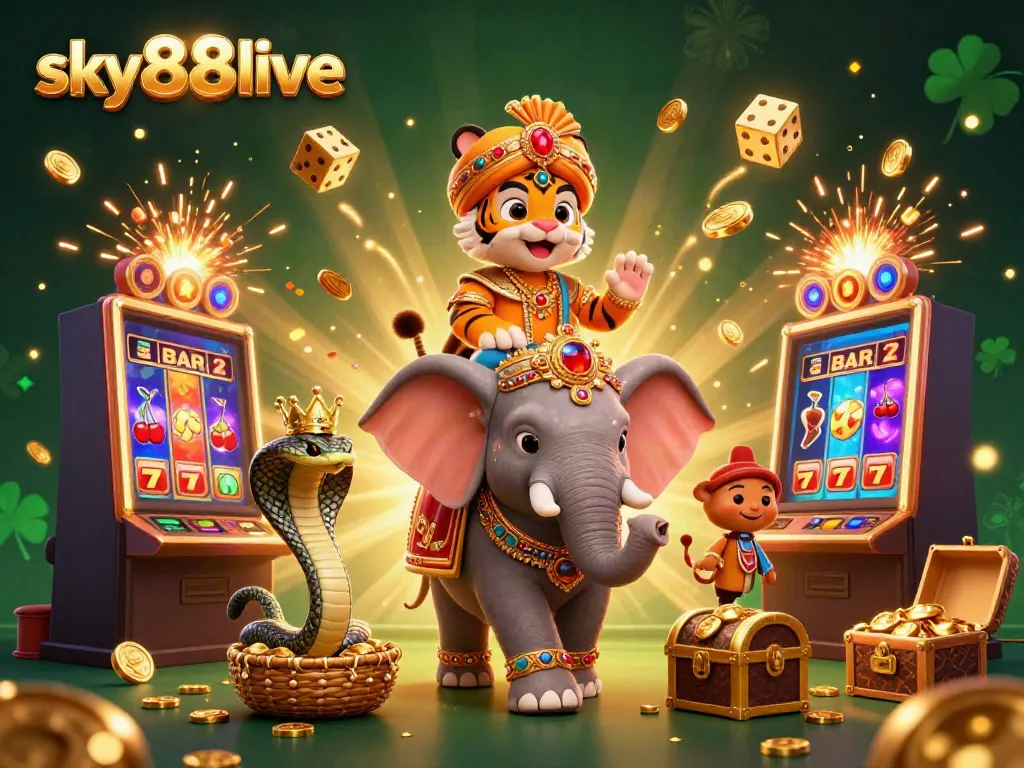 Experience thrilling casino excitement with sky88live in an illustration of a maharaja tiger, elephant, and cobra amidst bursting jackpots.