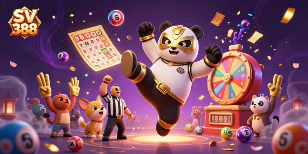 Experience the thrill of SV 388 with a lively scene showcasing a panda wrestler and colorful lottery elements.