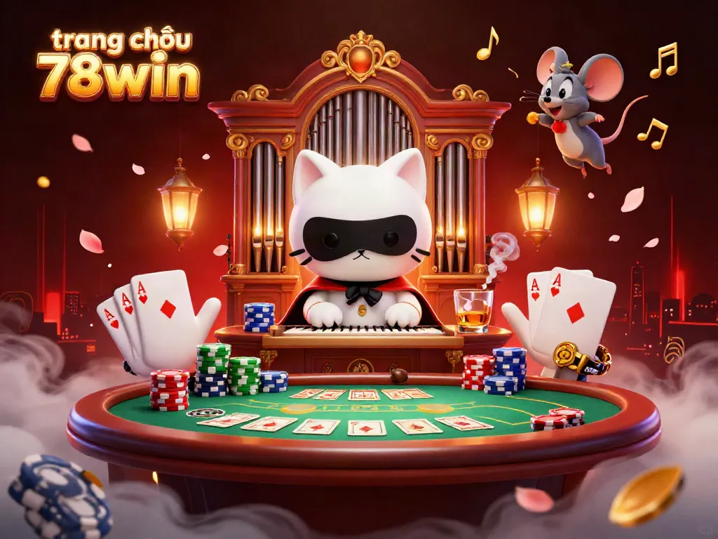 Experience the thrill of gaming at trang chủ 78win with a lively casino scene featuring colorful poker elements and fantasy characters.