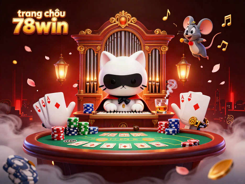 Experience the thrill of gaming at trang chủ 78win with a lively casino scene featuring colorful poker elements and fantasy characters.