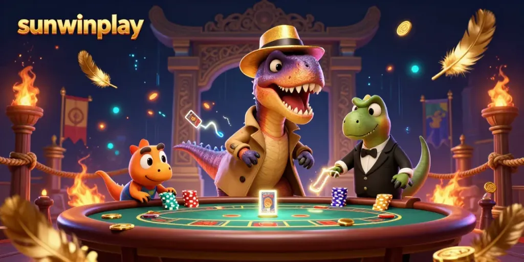 Experience thrilling moments at sunwinplay with a velociraptor card counter amid a dynamic casino scene.
