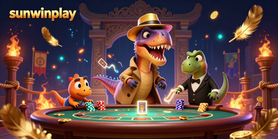 Experience thrilling moments at sunwinplay with a velociraptor card counter amid a dynamic casino scene.