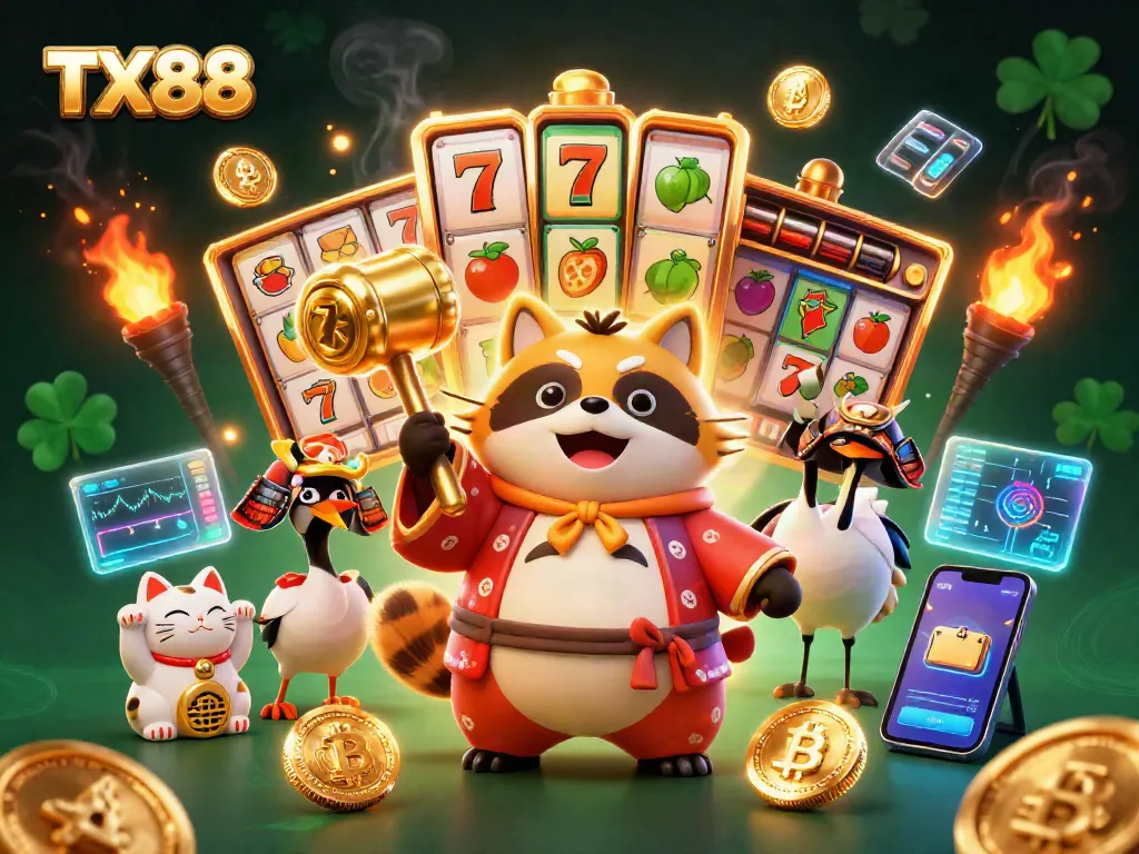 Join the fun with TX88 as a cheerful tanuki and samurai crane celebrate winning at the slots!