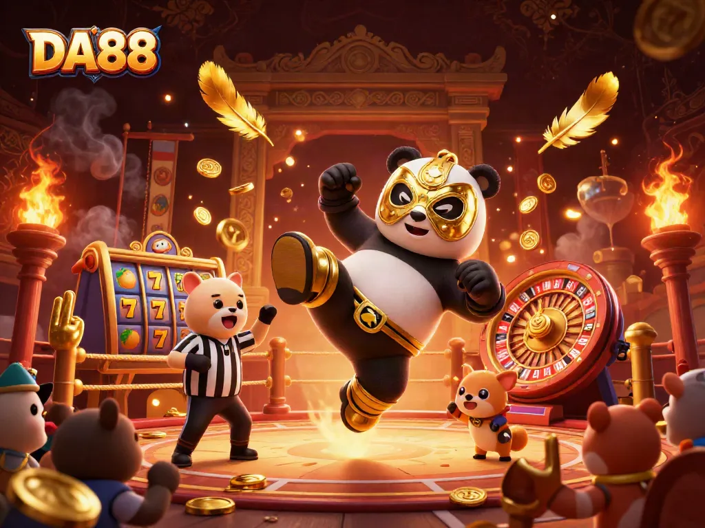 Experience DA88 with a thrilling scene of a panda wrestler and betting excitement in a vibrant casino arena.