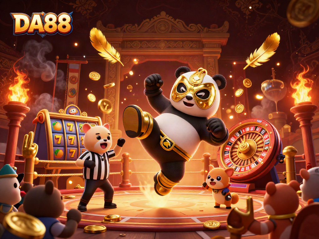 Experience DA88 with a thrilling scene of a panda wrestler and betting excitement in a vibrant casino arena.