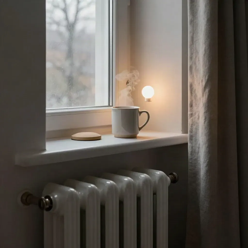 Radiatornis met tochtrol, mok, gordijnrand en dauwige ochtend bij winterlicht.