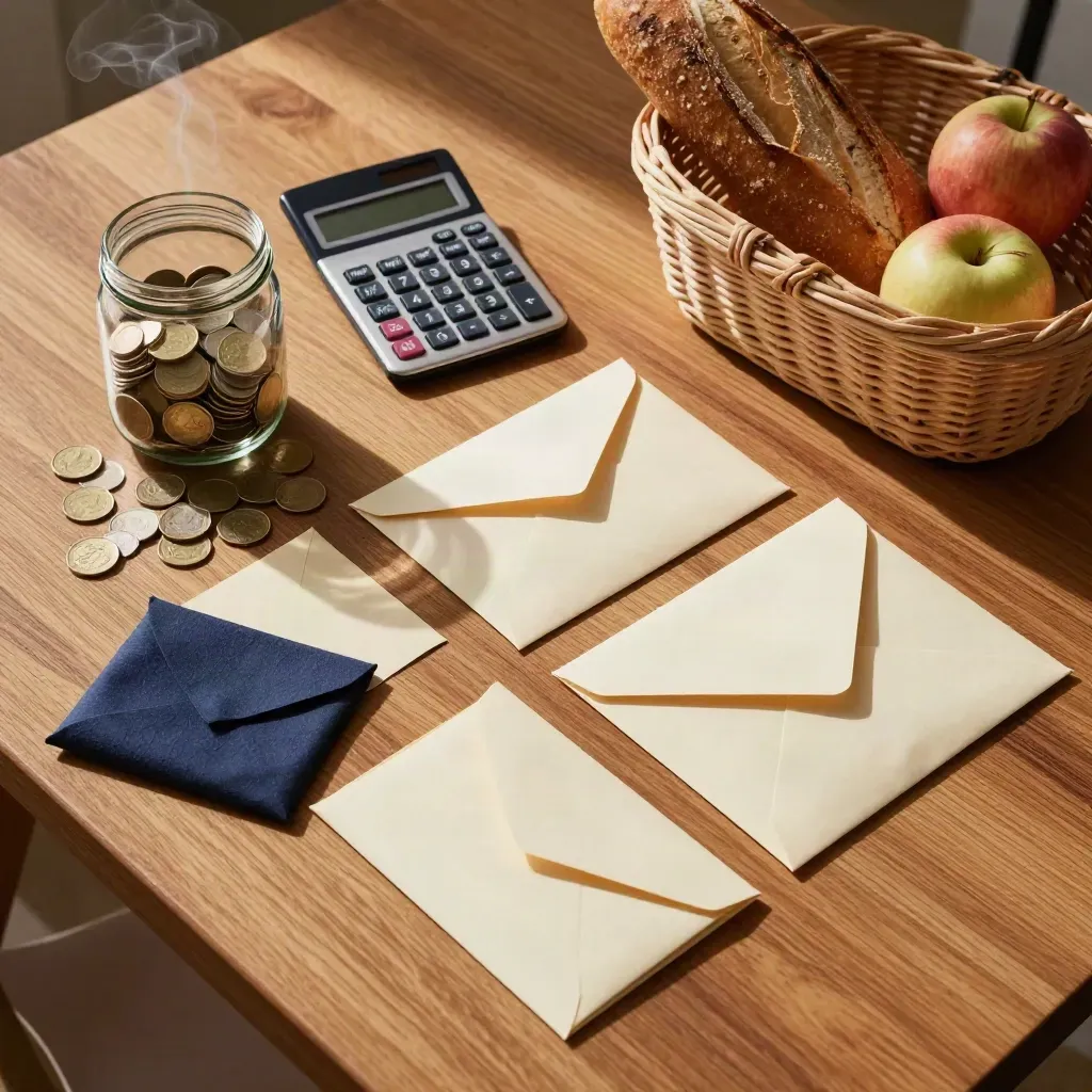 Bovenaanzicht van een ontbijttafel met muntpot, omgekeerde rekenmachine, boodschappenmand en envelopstapels.