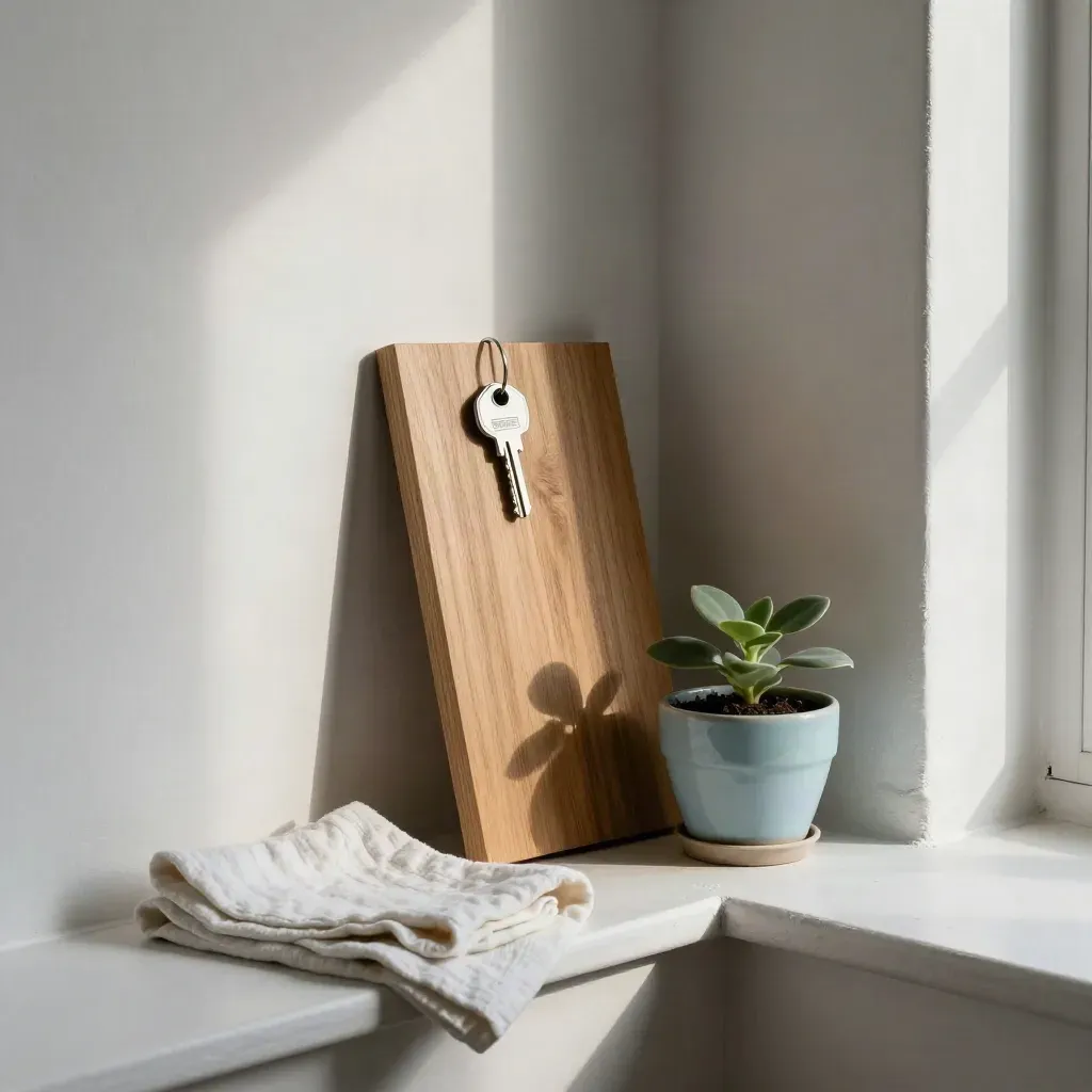Sfeervolle onderhoudshoek in een appartement met houtmonster, sleutel, doek en stekje.