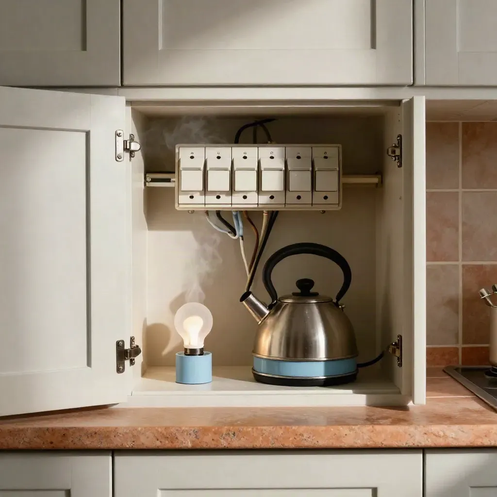 Open meterkast in de keuken met schakelaars, ledlampdoos en waterkoker op het aanrecht.