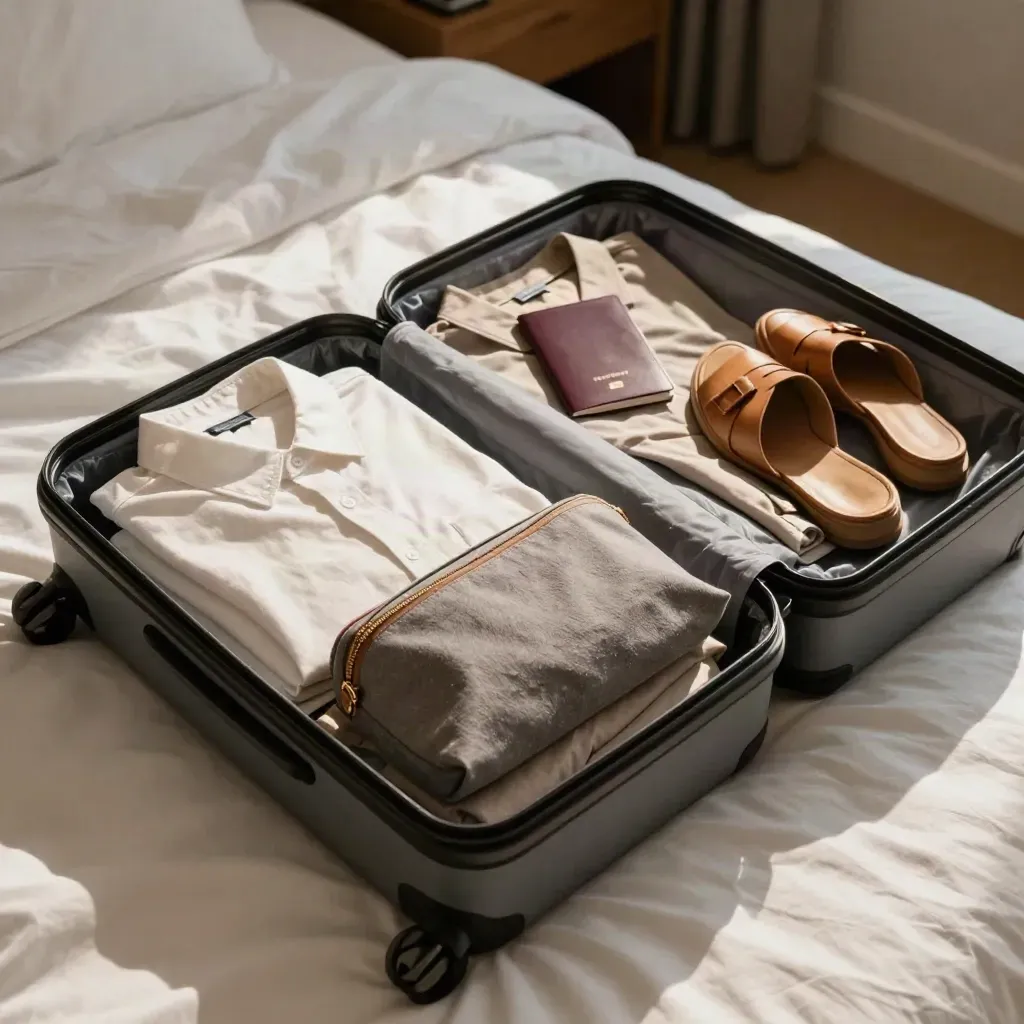 Open koffer op bed met kleding, toilettas, sandalen en paspoortportefeuille.