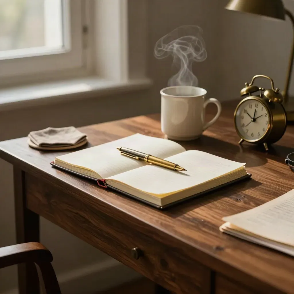 Winterse werkplek met gesloten planner, pen, mok en messing klok in warm middaglicht.