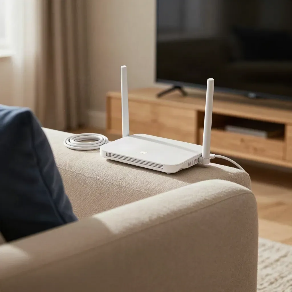Router, mesh node en ethernetkabel naast een uitgeschakelde tv in een woonkamer, van achter de bank.