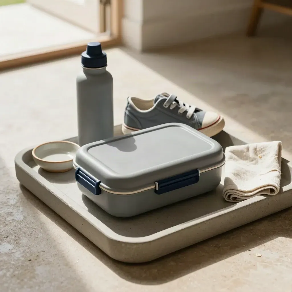 Lunchtrommel, waterfles en sneaker op een stenen tray bij de deur in ochtendlicht.