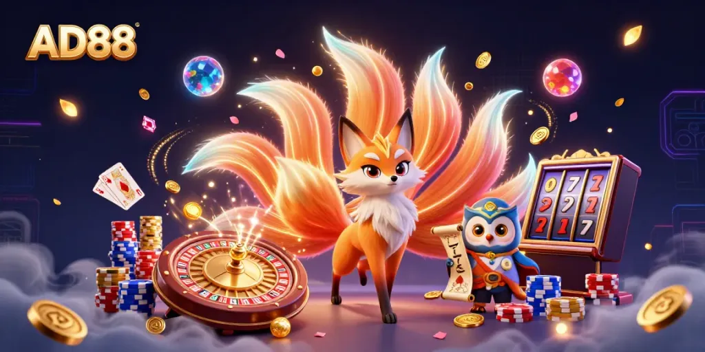Experience thrilling gameplay with AD88's dynamic casino scene featuring a nine-tailed fox and colorful poker elements.