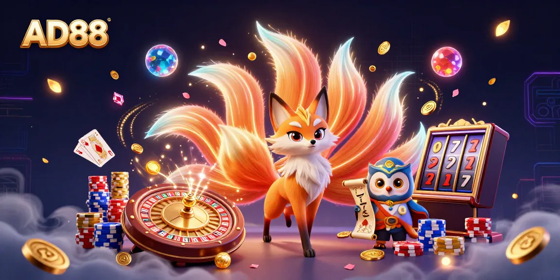 Experience thrilling gameplay with AD88's dynamic casino scene featuring a nine-tailed fox and colorful poker elements.