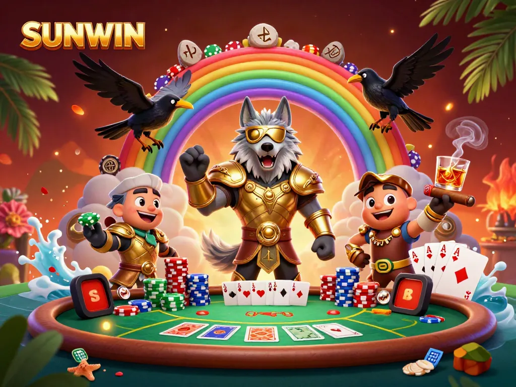 Experience SUNWIN with a vibrant 3D illustration showcasing casino excitement and Norse mythology.