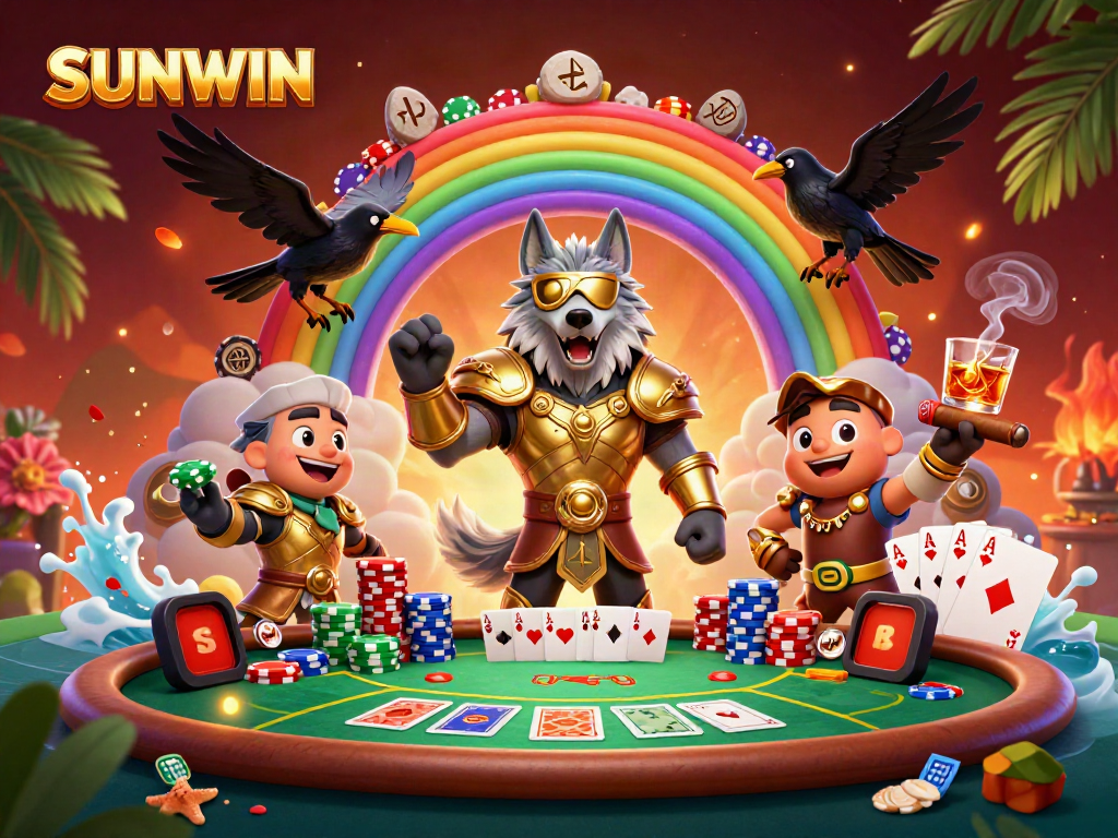 Experience SUNWIN with a vibrant 3D illustration showcasing casino excitement and Norse mythology.