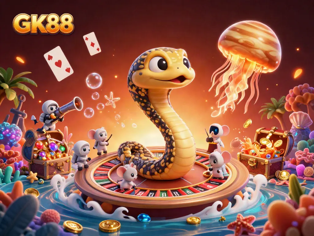Place your bets at GK88 with a fun cosmic roulette scene featuring lively characters and vibrant casino elements.