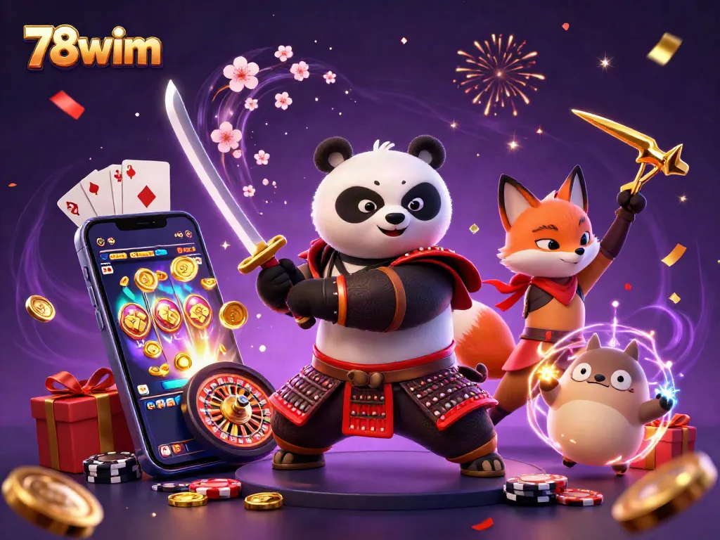 Engage with 78wim's vibrant gaming scene featuring a samurai panda, ninja fox, and tanuki amidst dynamic gambling elements.