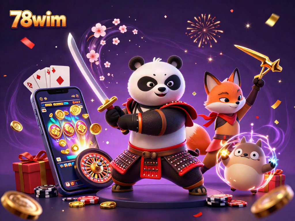 Engage with 78wim's vibrant gaming scene featuring a samurai panda, ninja fox, and tanuki amidst dynamic gambling elements.
