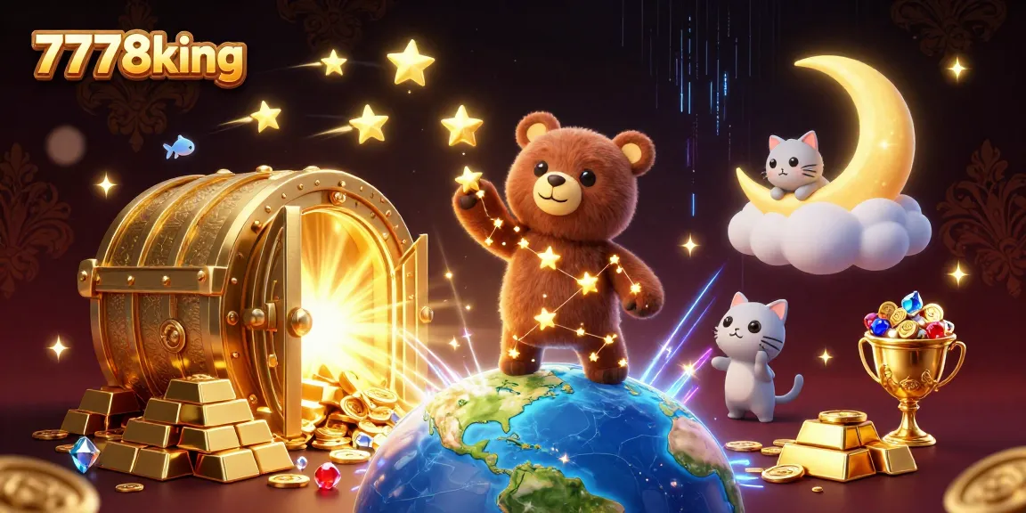 Experience the magical world of 7778king as the cartoon constellation bear collects treasures amidst dazzling casino elements.