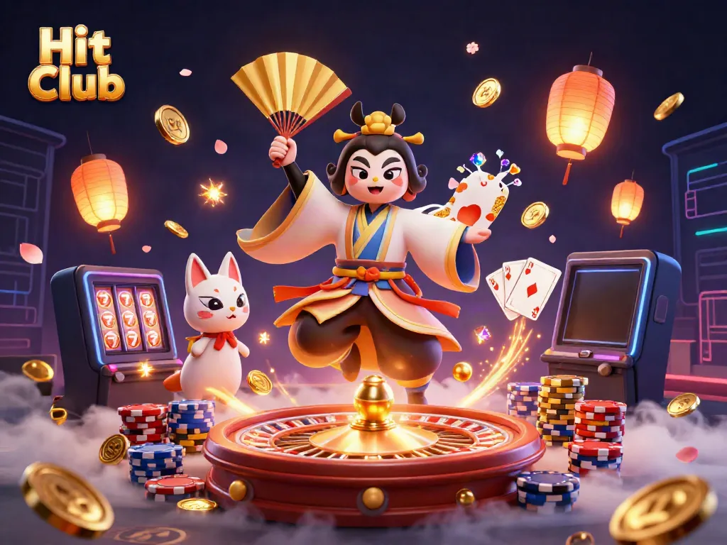 Hit Club's immersive gambling scene with 3D characters, coins, and roulette action.