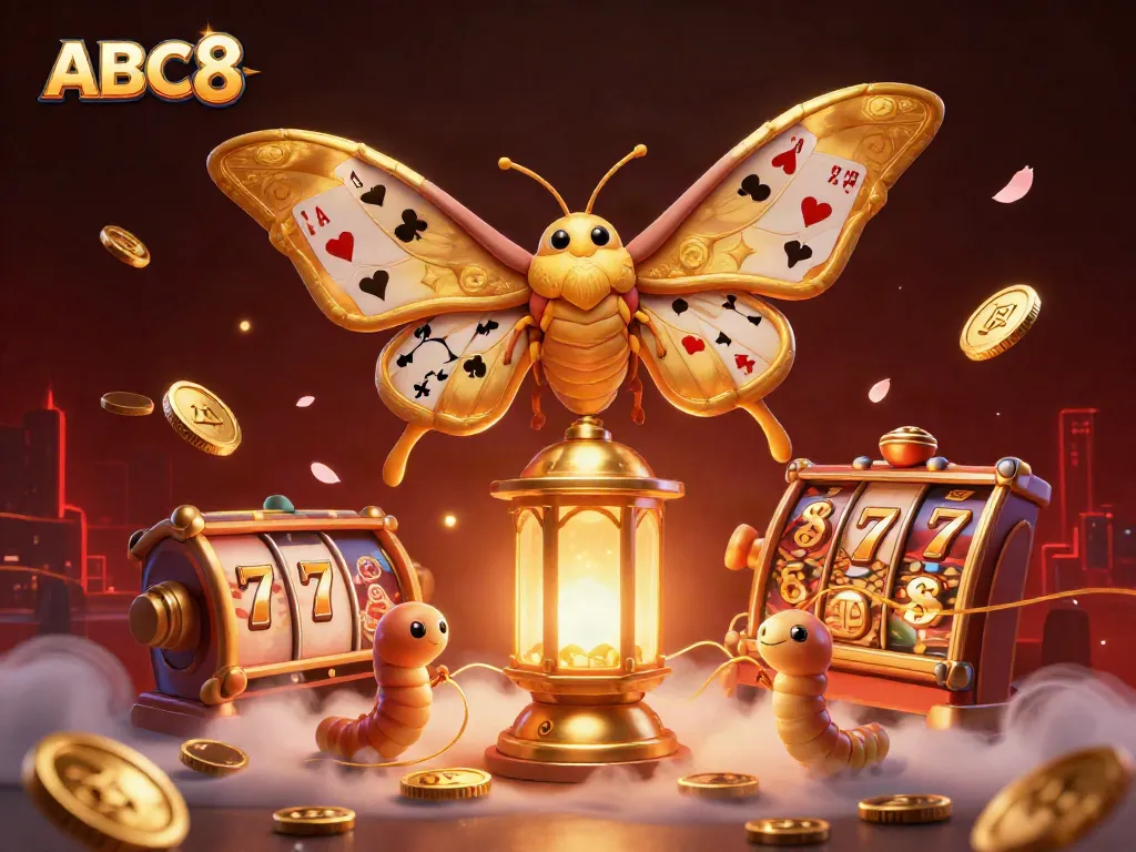 Engage with ABC8's immersive environment featuring a vibrant 3D cartel moth and spinning slot reels.