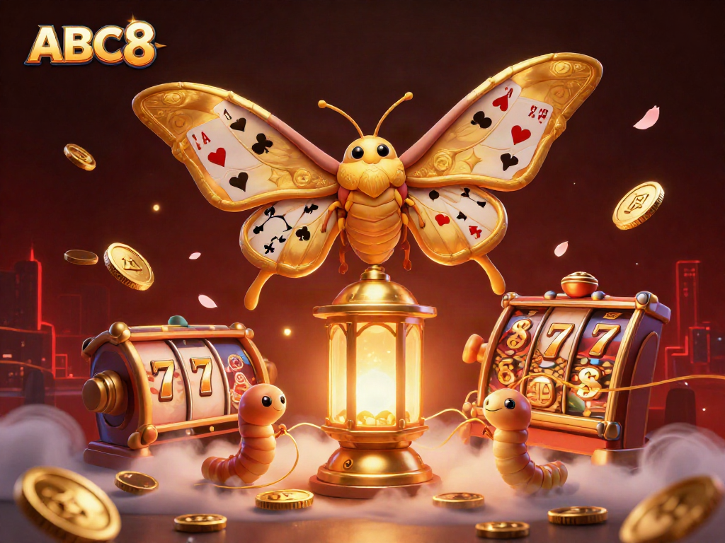 Engage with ABC8's immersive environment featuring a vibrant 3D cartel moth and spinning slot reels.