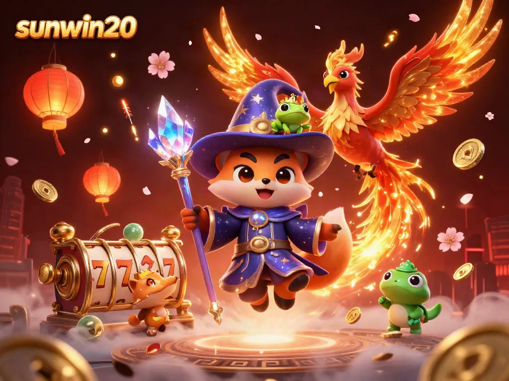Experience thrilling action at sunwin20 with a mystical wizard fox and phoenix in a vibrant casino universe.