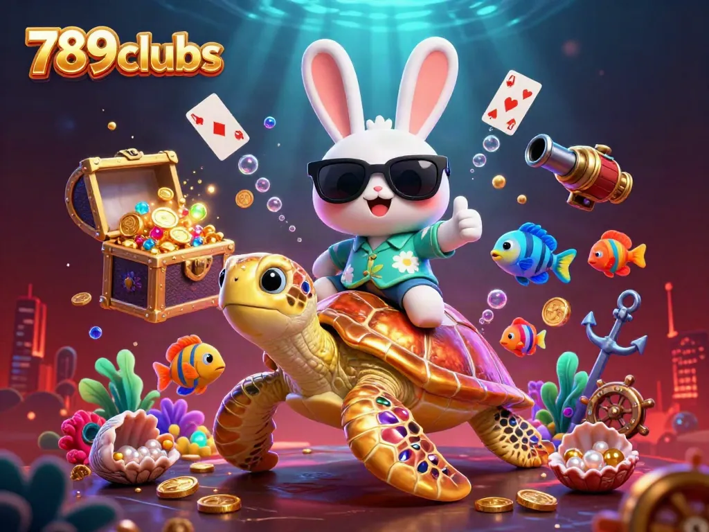 Experience thrilling gameplay with 789clubs as a lucky rabbit rides a golden turtle amidst underwater treasures.