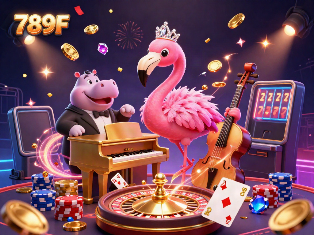 Experience the excitement at 789F casino with a vibrant 3D scene of animated characters and dynamic casino elements.