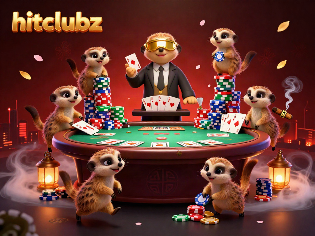 Meerkats managing an elaborate casino operation, showcasing vibrant gaming elements and branding hitclubz.
