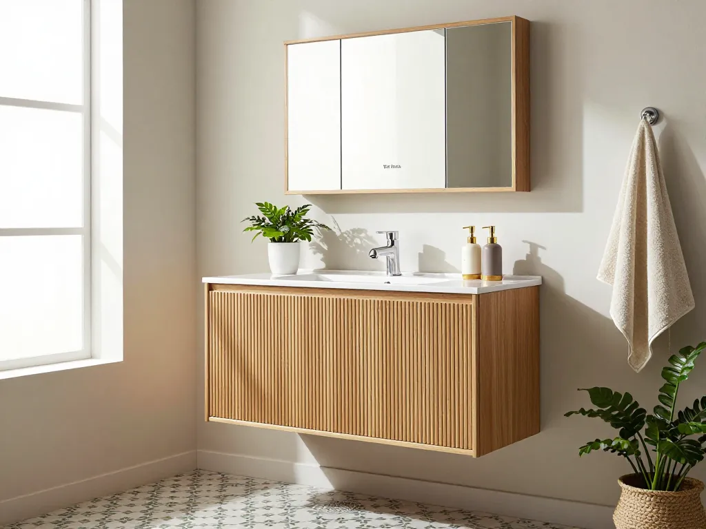 Een stijlvolle eiken badkamerkast van Van Heck Badkamers die elegantie en functionaliteit benadrukt in moderne badkamers.