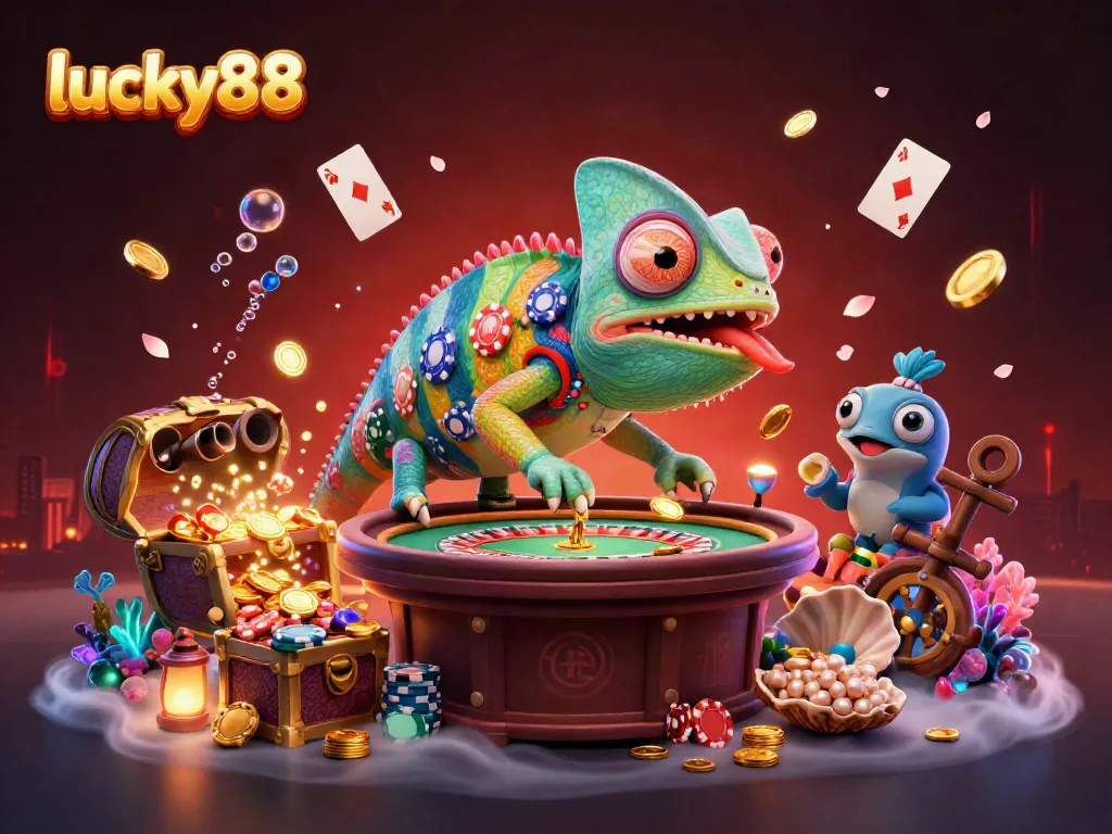 Engage with lucky88 at the vibrant casino scene featuring an animated chameleon owner and dynamic game elements.