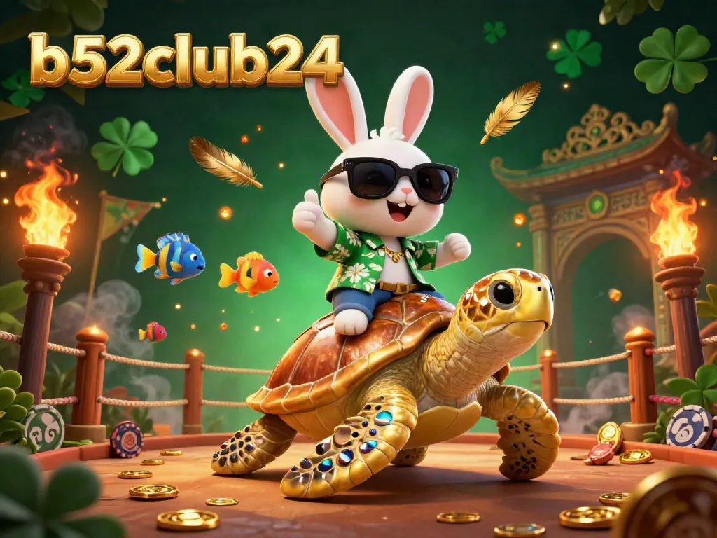Join the fun at b52club24 with a colorful cartoon scene featuring a lucky rabbit and golden sea turtle in a vibrant casino atmosphere.