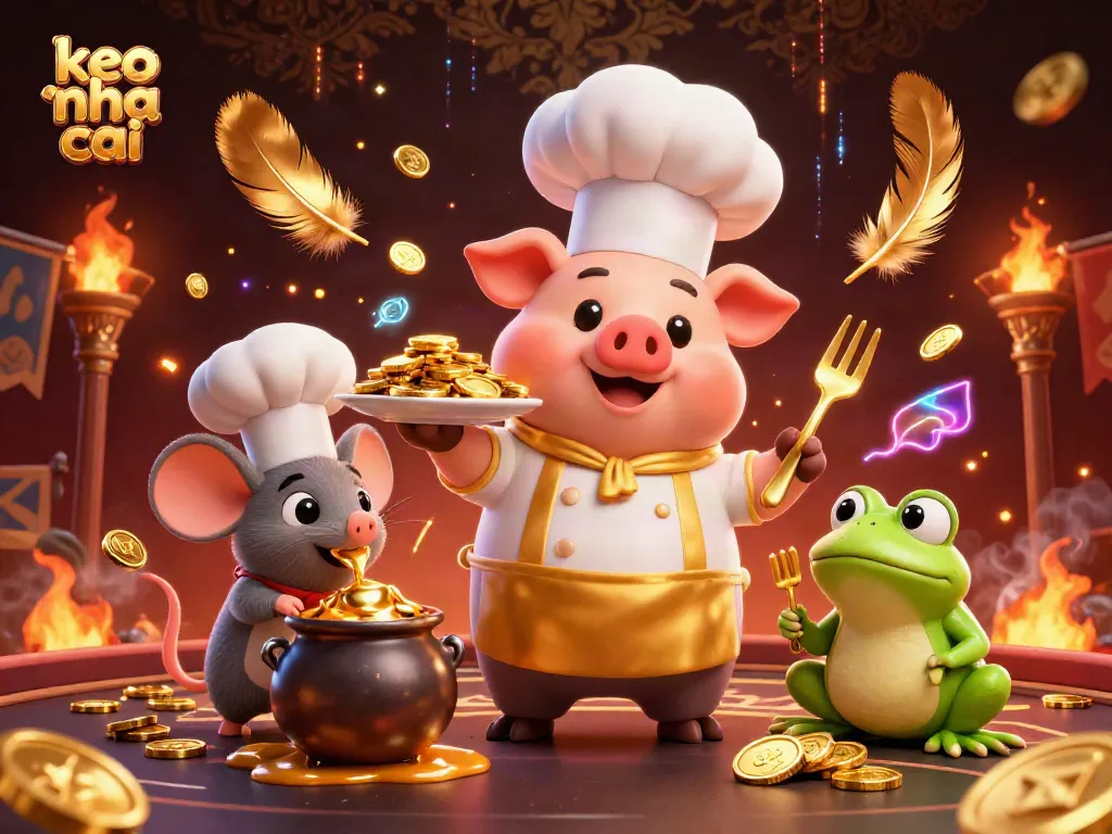 Bet on keo nha cai with a playful scene of a chef pig serving gold coins and characters in a vibrant atmosphere.