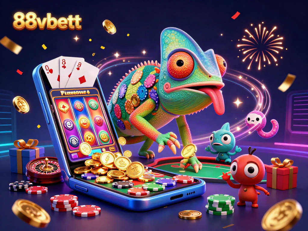 88vbett captivates players with vibrant casino elements and a chameleon mascot in a dynamic 3D scene.