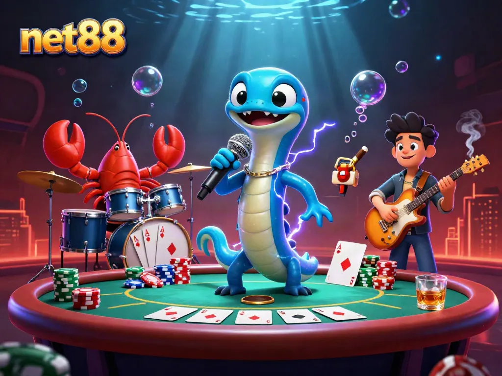 Experience the excitement of net88 with vibrant underwater casino games featuring electric eel DJ and colorful poker elements.