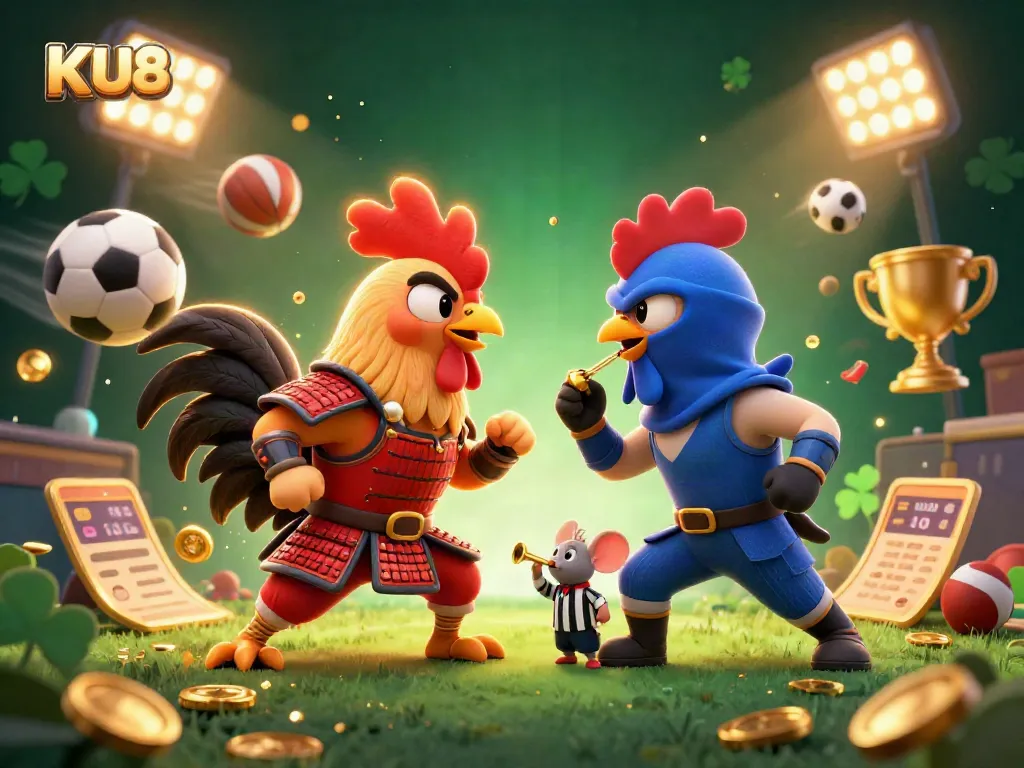 Experience the thrill of KU88 with roosters and dynamic sports elements in this vibrant casino scene.