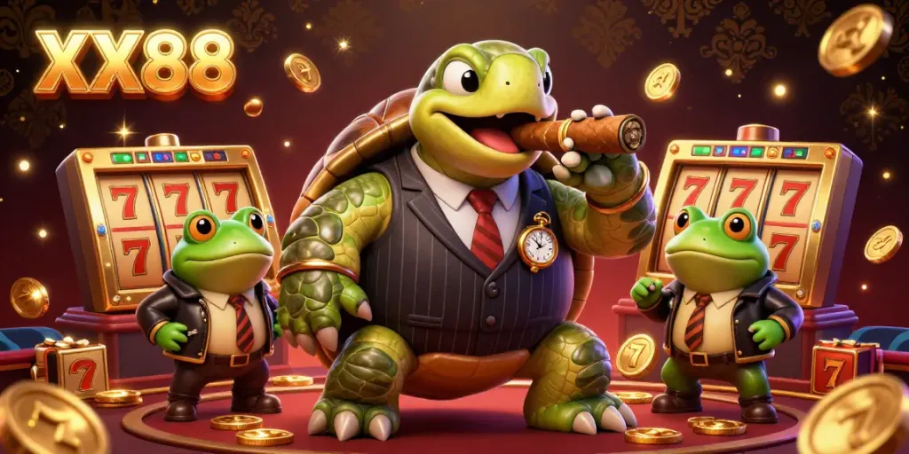 Experience the thrill of the XX88 casino with a vibrant scene featuring a cartoon turtle in a mobster suit among gold coins and slot reels.