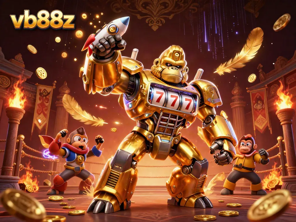 Experience the excitement of vb88z casino games with a dynamic golden gorilla mech illustration.