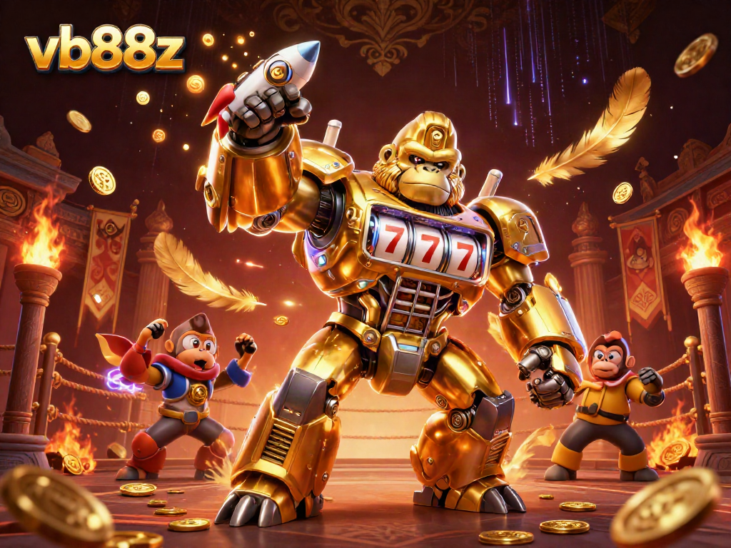 Experience the excitement of vb88z casino games with a dynamic golden gorilla mech illustration.
