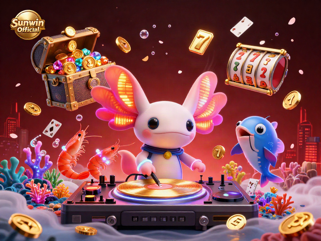 Engage in the vibrant underwater world of Sunwin Official featuring a neon axolotl DJ and slot gaming elements.