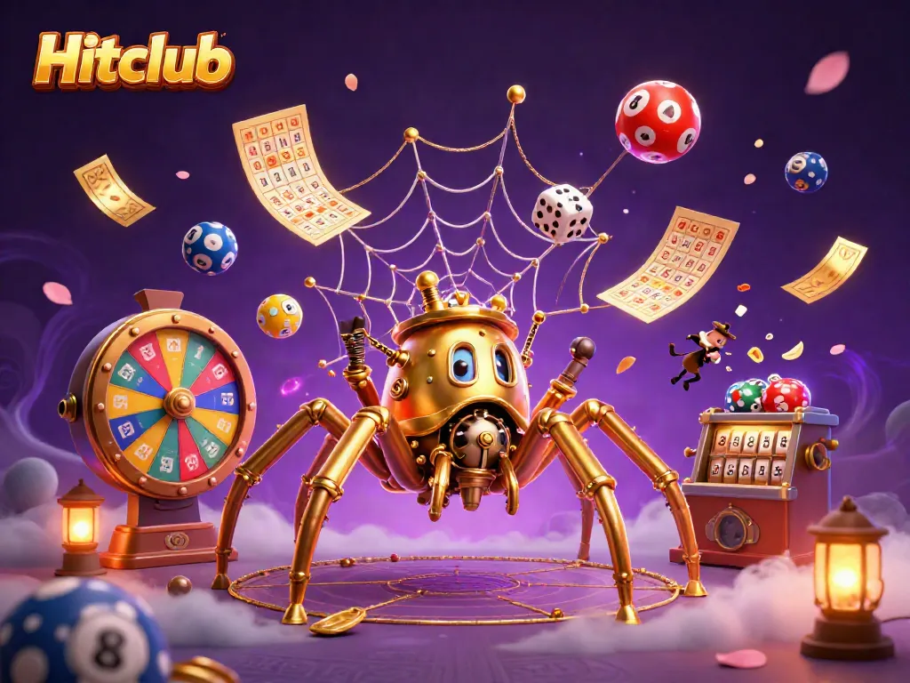 Hitclub illustrates a steampunk spider catching dice in a vibrant casino-themed scene bursting with energy.