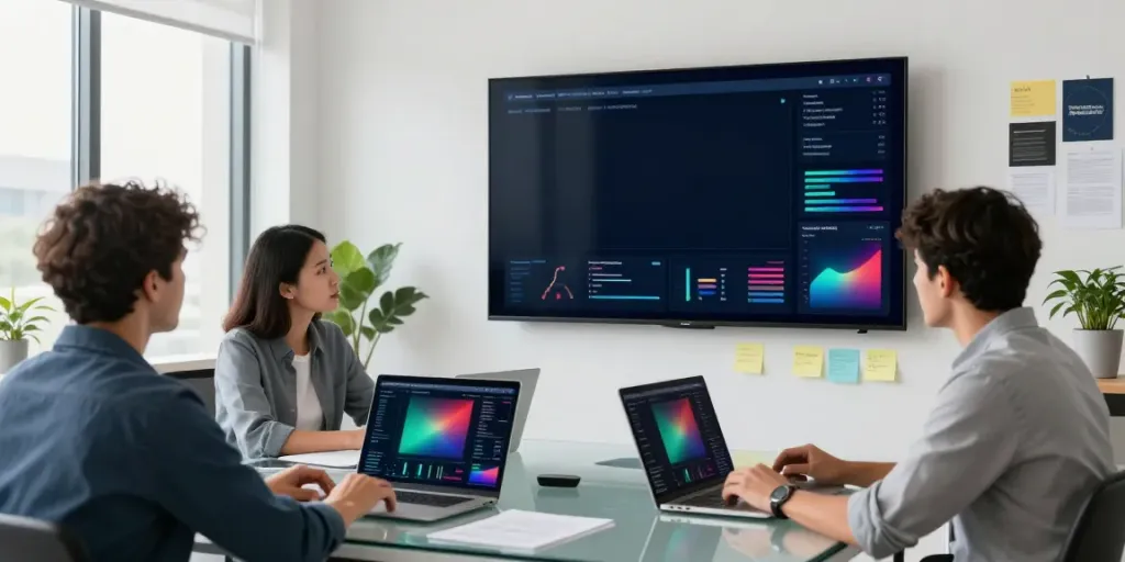 Team collaborating on AI brand monitoring strategies in a modern office.