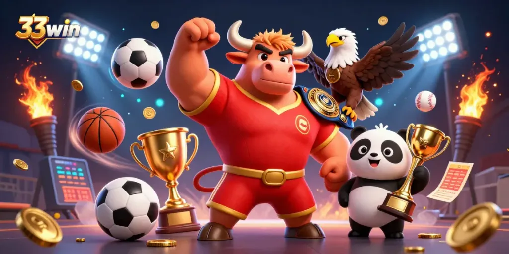 33win celebrates with a victorious bull mascot and eagle while engaging with dynamic sports and gambling elements.