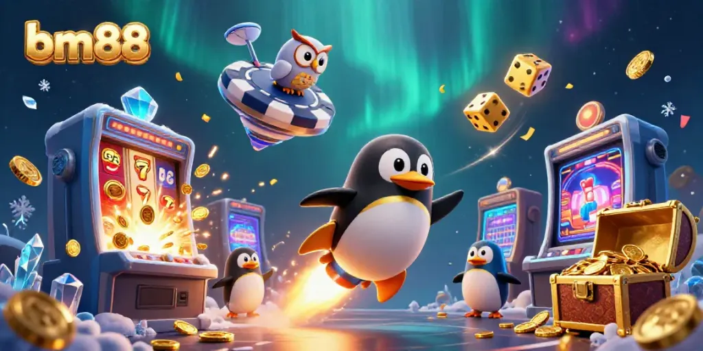 Engage with bm88 adventures featuring a golden penguin and slot machines in a cosmic casino.