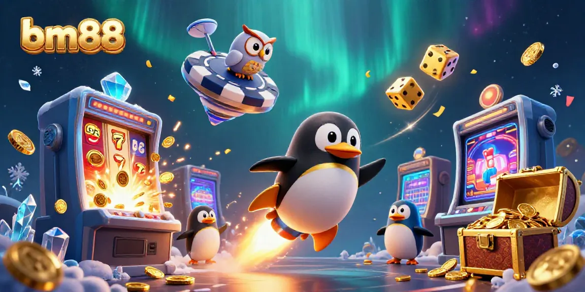 Engage with bm88 adventures featuring a golden penguin and slot machines in a cosmic casino.