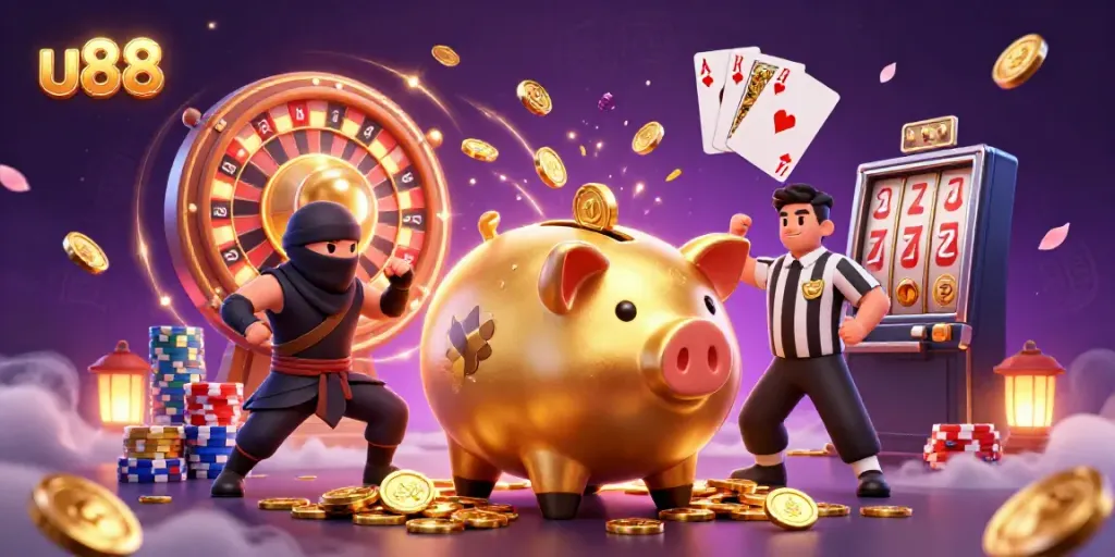 Experience the thrill of u88 with a golden piggy bank sumo wrestler and dynamic gaming elements.