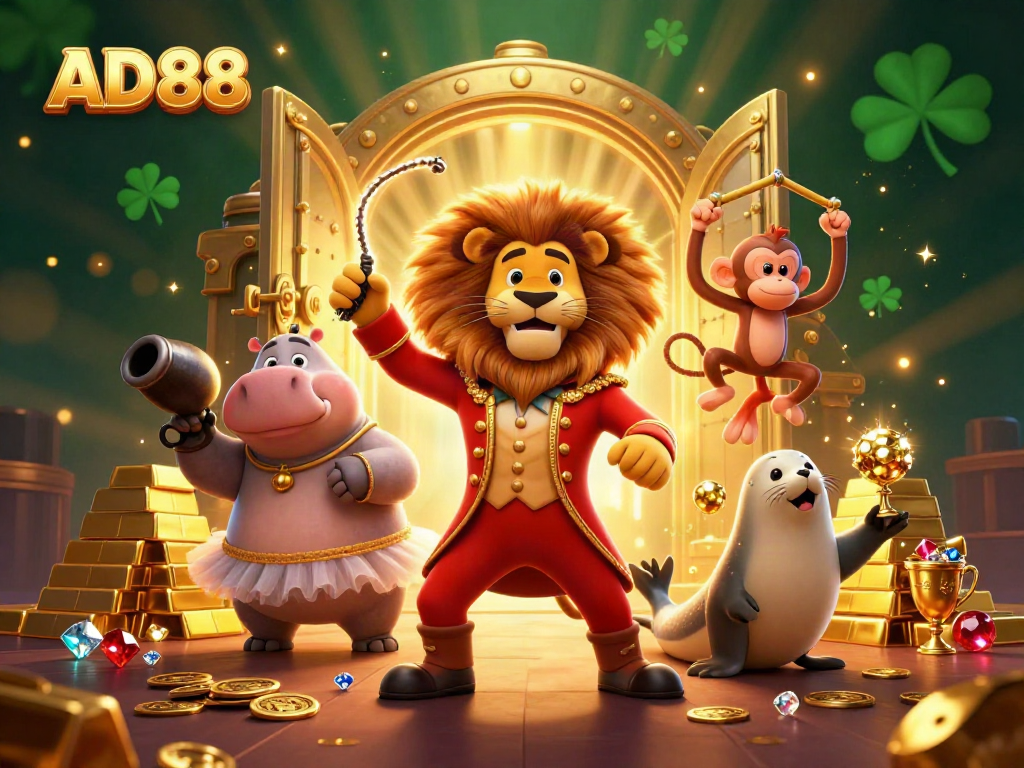 Win big with AD88 in this vibrant 3D circus-themed casino illustration packed with riches and excitement.